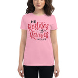 Christian Bible Verse Shirt,He Restores and Revives, Psalm Verse, Christian Verse Tee, Graphic Art Tee,Women's short sleeve t-shirt