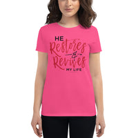 Christian Bible Verse Shirt,He Restores and Revives, Psalm Verse, Christian Verse Tee, Graphic Art Tee,Women's short sleeve t-shirt