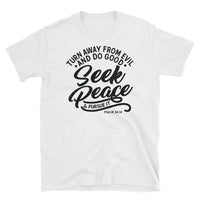 Christian T Shirts With Bible Verse, Turn Away From Evil Seek Peace, Short Sleeve Unisex T-Shirt, Shirts with Sayings, Bible Quotes