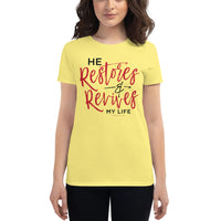 Christian Bible Verse Shirt,He Restores and Revives, Psalm Verse, Christian Verse Tee, Graphic Art Tee,Women's short sleeve t-shirt