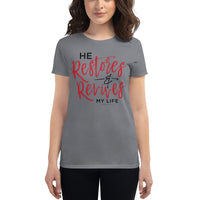 Christian Bible Verse Shirt,He Restores and Revives, Psalm Verse, Christian Verse Tee, Graphic Art Tee,Women's short sleeve t-shirt
