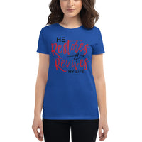 Christian Bible Verse Shirt,He Restores and Revives, Psalm Verse, Christian Verse Tee, Graphic Art Tee,Women's short sleeve t-shirt