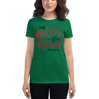 Christian Bible Verse Shirt,He Restores and Revives, Psalm Verse, Christian Verse Tee, Graphic Art Tee,Women's short sleeve t-shirt