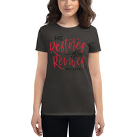 Christian Bible Verse Shirt,He Restores and Revives, Psalm Verse, Christian Verse Tee, Graphic Art Tee,Women's short sleeve t-shirt