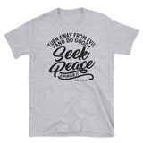 Christian T Shirts With Bible Verse, Turn Away From Evil Seek Peace, Short Sleeve Unisex T-Shirt, Shirts with Sayings, Bible Quotes